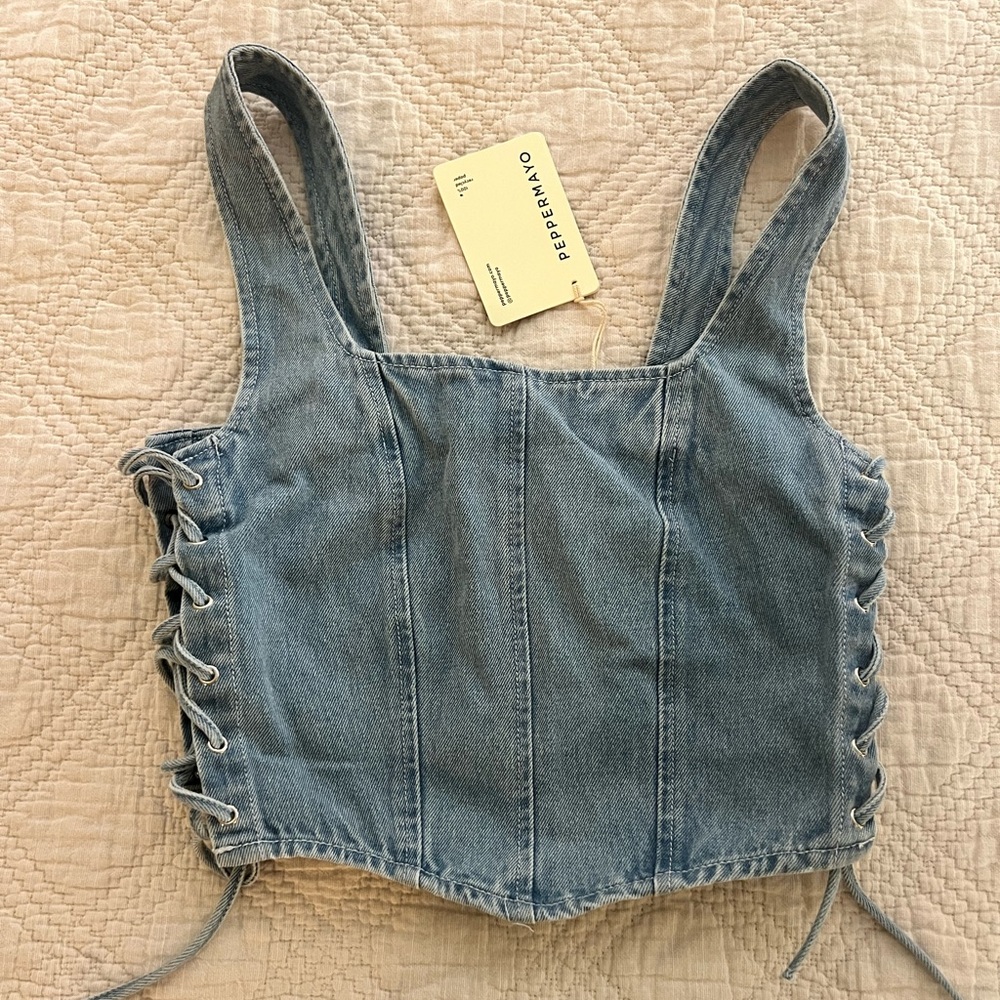 Peppermayo Cropped Lace Up Denim Top